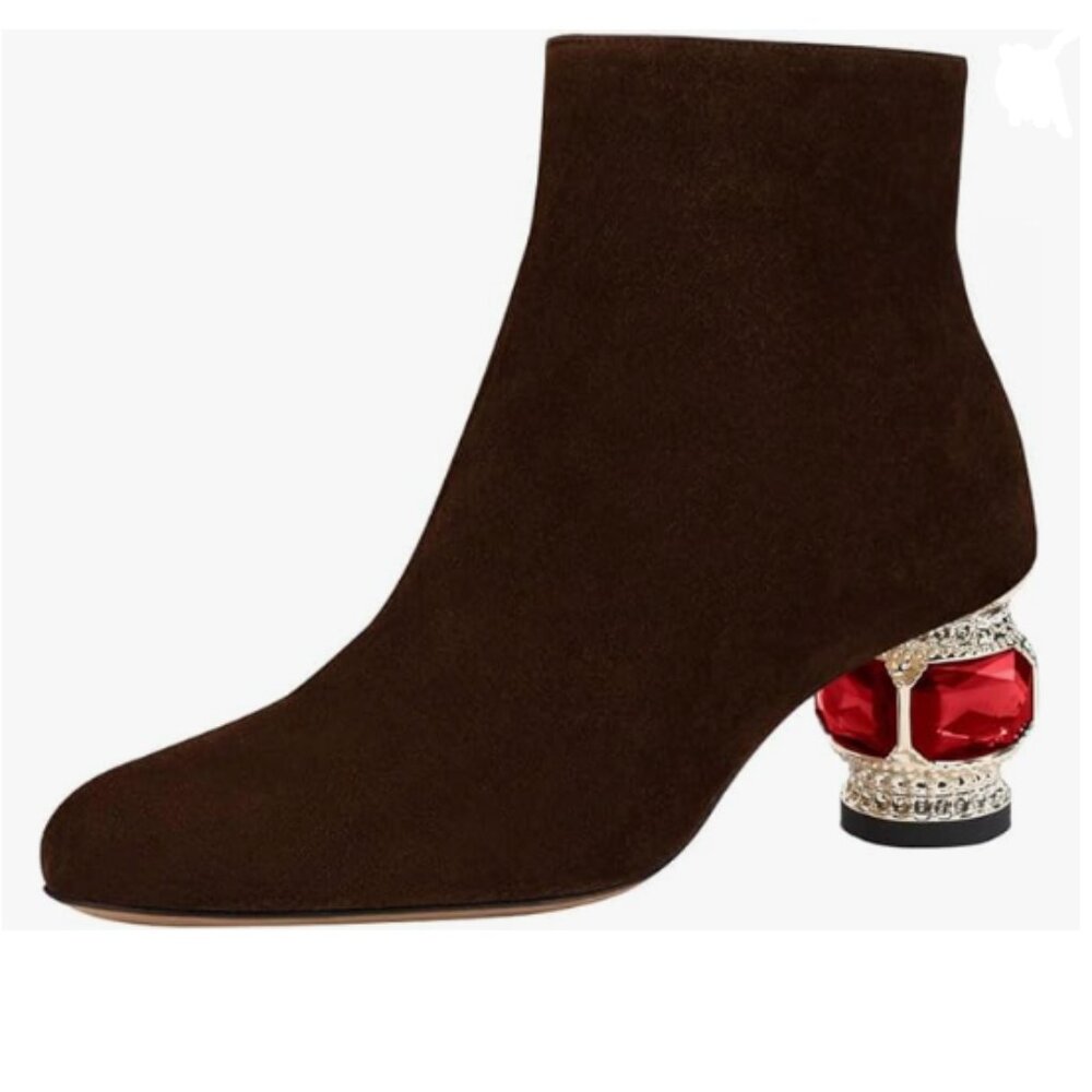 FSJ Caramel Suede Round Toe Crystal Chunky Low Heel Ankle Boots Side Zipper Shoe